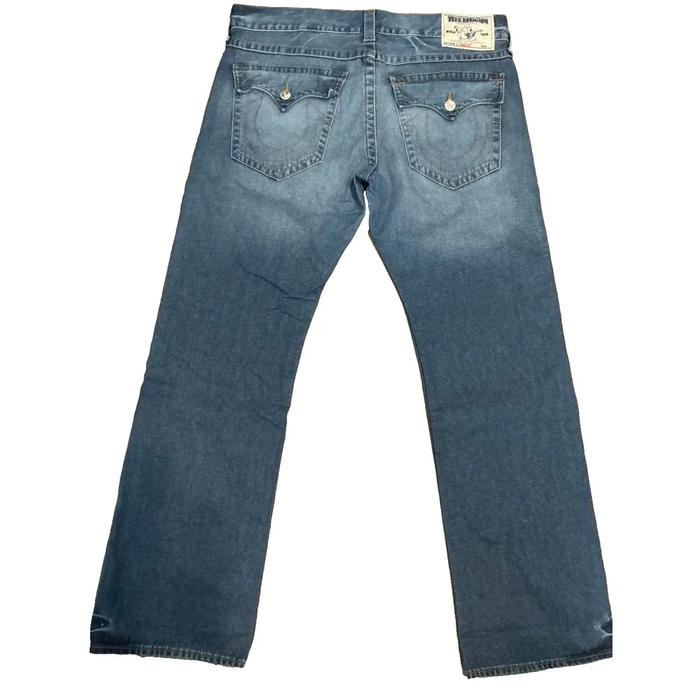 True Religion Ricky Jeans Mens 38x34 Blue Denim Straight Flap Pocket USA Made